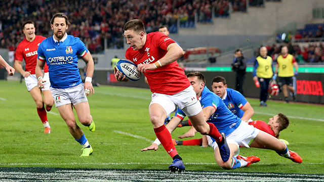 Josh Adams scores Wales' first try against Italy in 2019 Six Nations