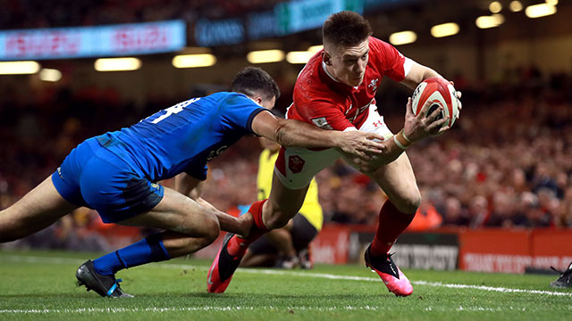 Josh Adams scores a second try for Wales v Italy in 2020 Six Nations