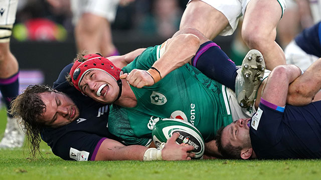 Josh van der Flier scores a try for Ireland v Scotland in 2022 Six Nations