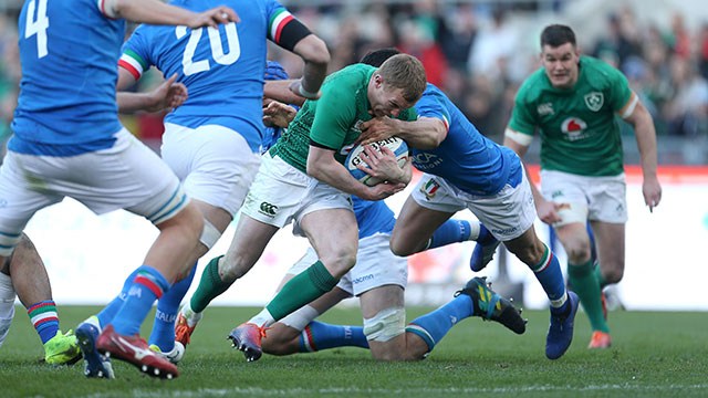 Keith Earls breaks through to score Ireland's third try against Italy in 2019 Six Nations