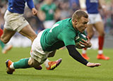 Keith Earls dives in to score Ireland's fourth try against France in 2019 Six Nations