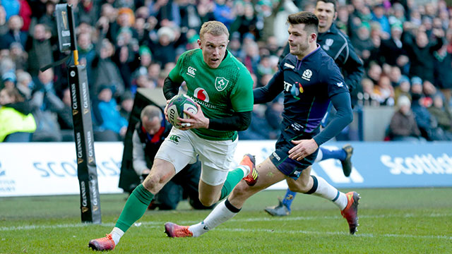 Keith Earls scores Ireland's third try against Scotland in 2019 Six Nations