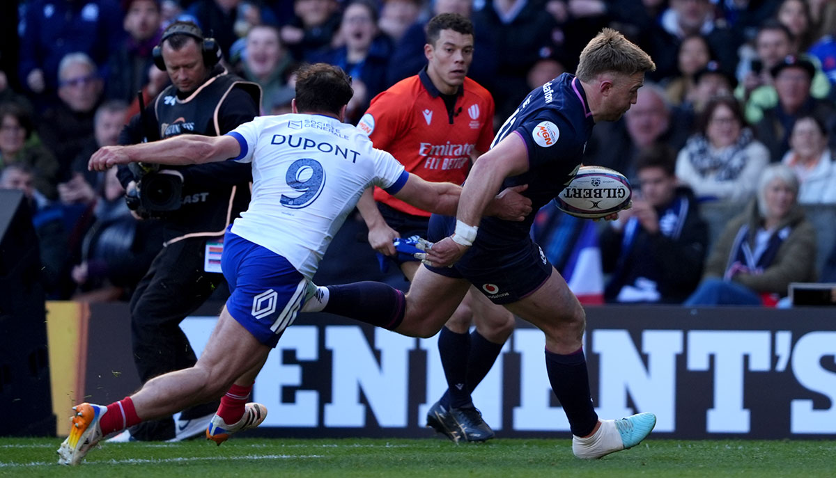 Kyle Steyn score a try for Scotland v France during 2026 Six Nations