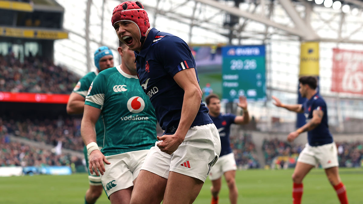Louis Bielle Biarrey celebrates a try for France against Ireland in 2025 Six Nations