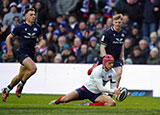 Louis Bielle Biarrey scores a try for France against Scotland in 2024 Six Nations