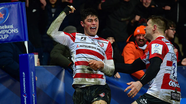 Louis Rees-Zammit in action for Gloucester Rugby v Montpellier in Heineken Champions Cup
