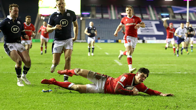 Louis Rees-Zammit scores a second try for Wales v Scotland in 2021 Six Nations