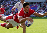 Louis Rees-Zammit scores a try for Wales v Georgia at 2023 Rugby World Cup