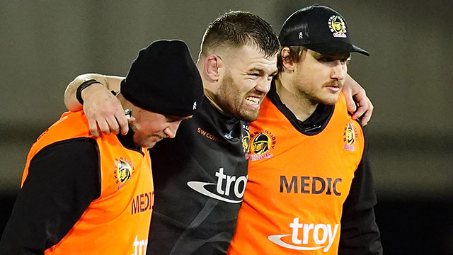 Luke Cowan-Dickie is helped off injured during Exeter v Northampton match