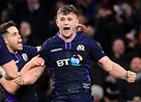 Magnus Bradbury celebrates scoring a try for Scotland v England in 2019 Six Nations