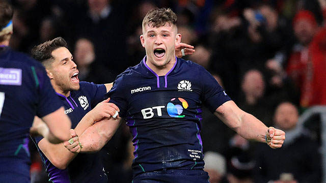 Magnus Bradbury celebrates scoring a try for Scotland v England in 2019 Six Nations