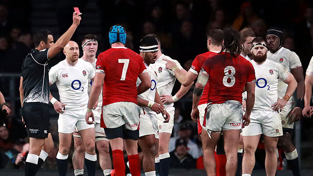 Manu Tuilagi is shown a red card in England v Wales match in 2020 Six Nations