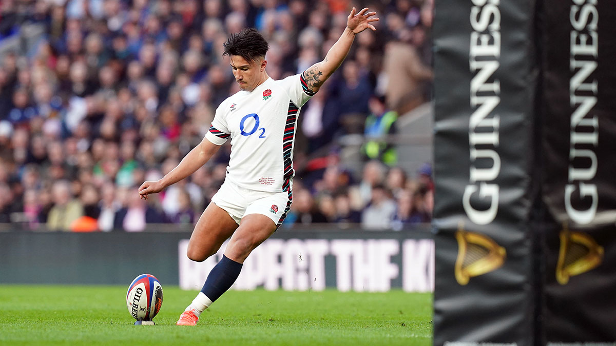Marcus Smith kicks a conversion for England against Scotland during 2025 Six Nations