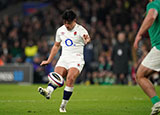 Marcus Smith kicks a drop goal for England v Ireland in 2024 Six Nations