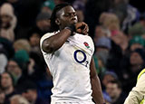 Maro Itoje leaves the pitch with an injury during the Ireland v England match