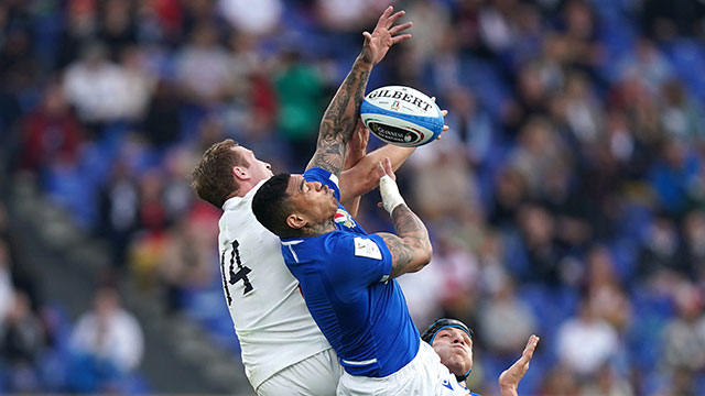 Max Malins and Montanna Ioan in action during Italy v England match in 2022 Six Nations