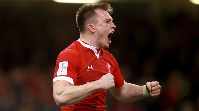 Nick Tompkins celebrates scoring a try for Wales v Italy in 2020 Six Nations