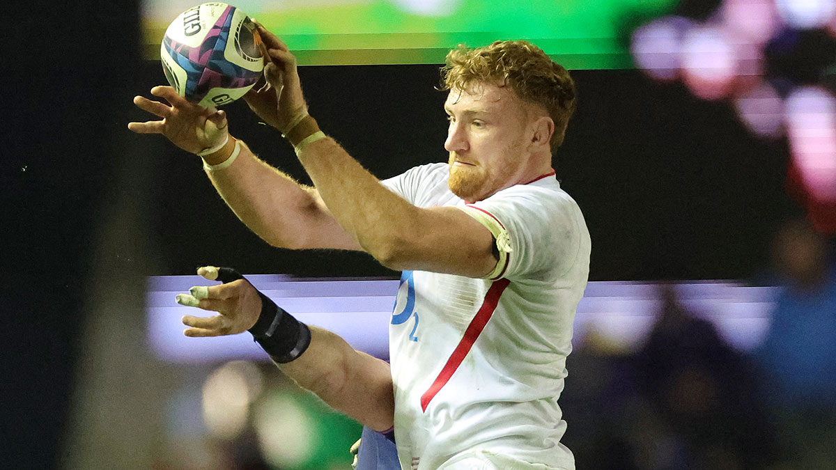 Ollie Chessum wins a lineout during Scotland v England match in 2026 Six Nations