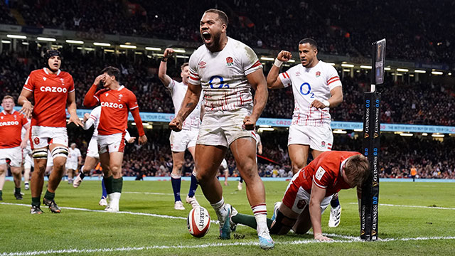 Ollie Lawrence celebrates his try for England against Wales in 2023 Six Nations