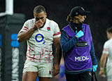 Ollie Lawrence leaves the field after picking up an injury during England v France match in 2023 Six Nations