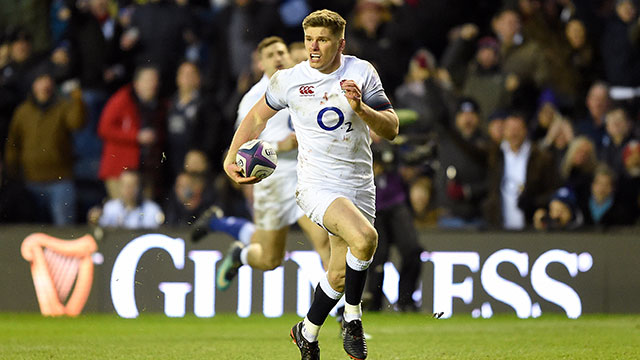 Owen Farrell on his way to scoring a try against Scotland in Calcutta Cup match
