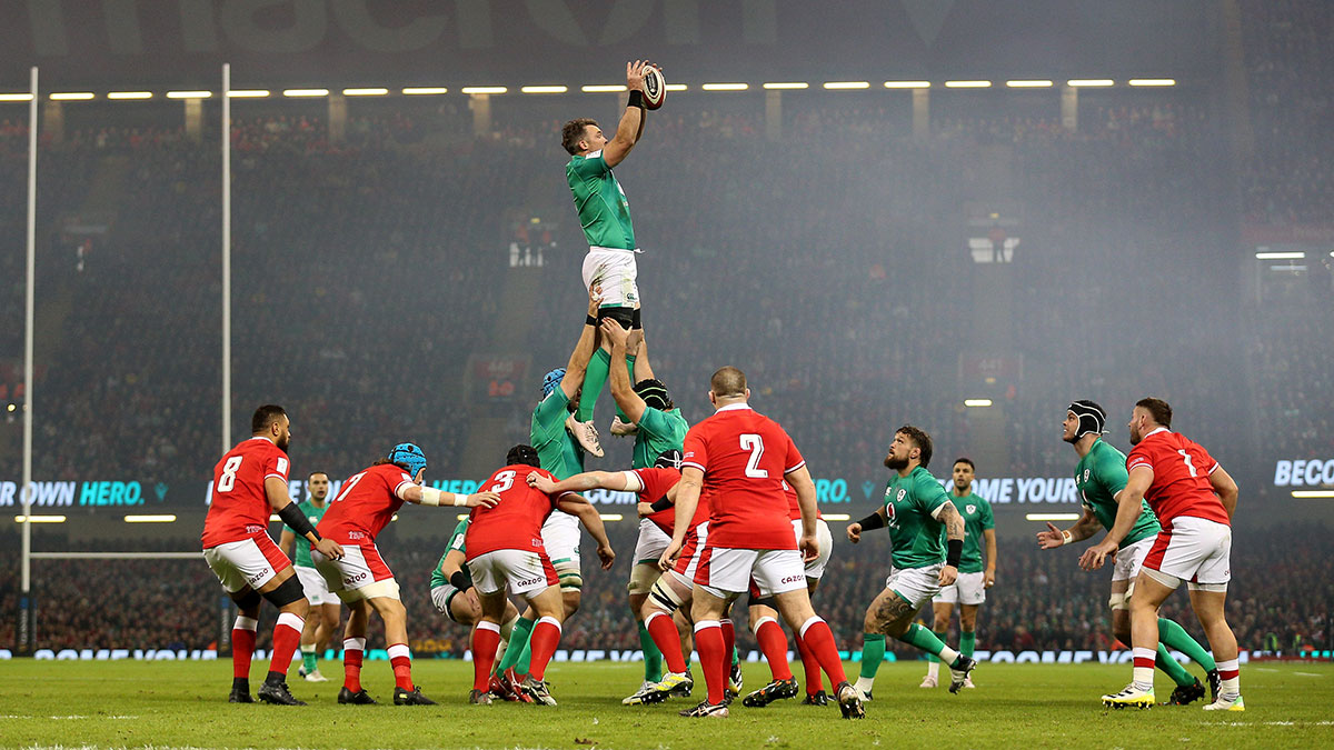 Peter O'Mahony wins lineout during Wales v Ireland match in 2023 Six Nations