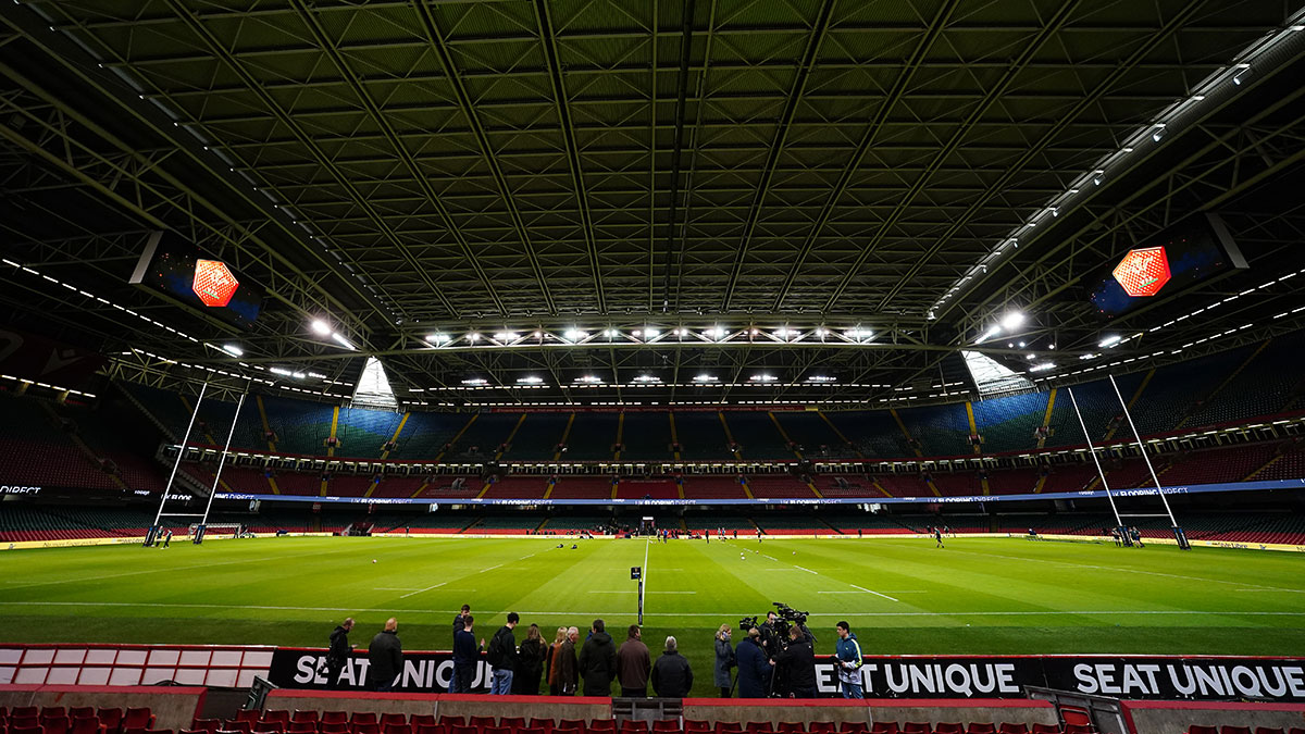 Principality Stadium with roof closed during team run before Wales v Scotland match in 2024 Six Nations
