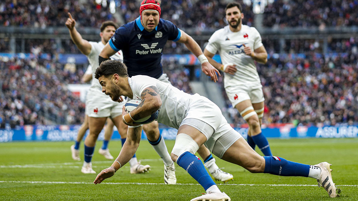 Romain Ntamack scores a try for France v Scotland during 2023 Six Nations