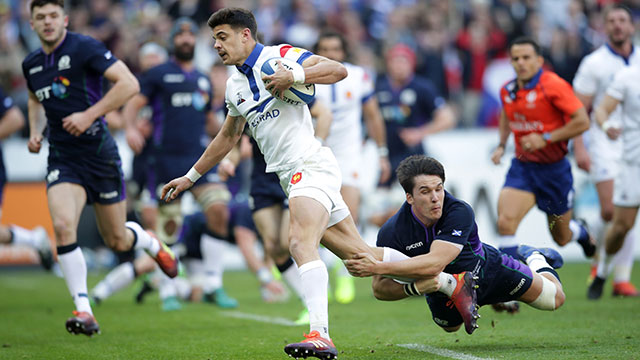 Romain Ntamack scores a try for France v Scotland in 2019 Six Nations