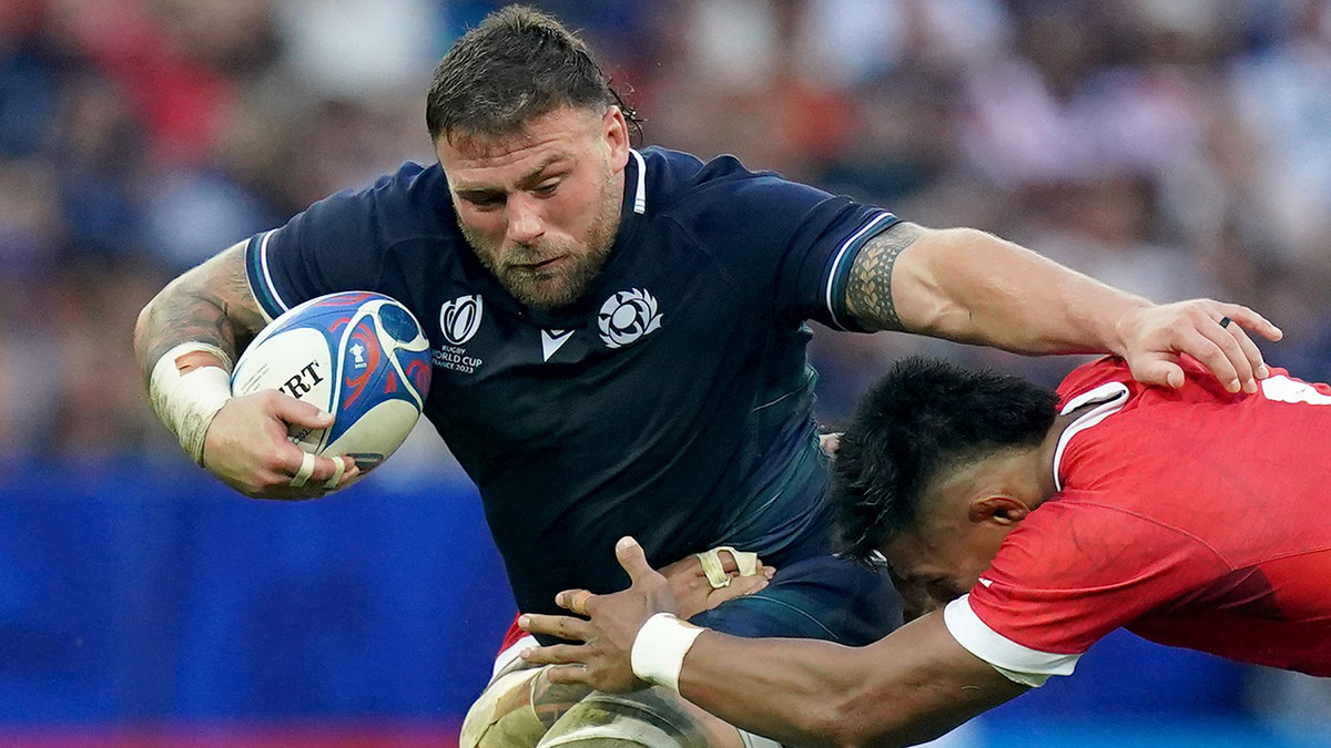 Rory Sutherland in action for Scotland v Tonga at 2023 Rugby Wold Cup