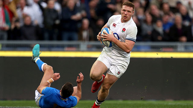 Sam Simmonds races clear to score England's fourth try against Italy