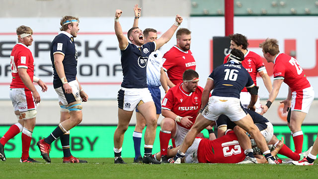 Scotland celebrate winning a penalty at end of match against Wales in 2020 Six Nations