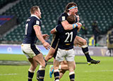 Scotland players celebrate a famous victory at Twickenham during 2021 Six Nations
