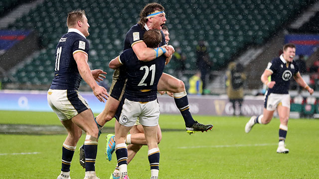 Scotland players celebrate a famous victory at Twickenham during 2021 Six Nations