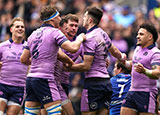 Scotland players celebrate a try against Italy in 2023 Six Nations