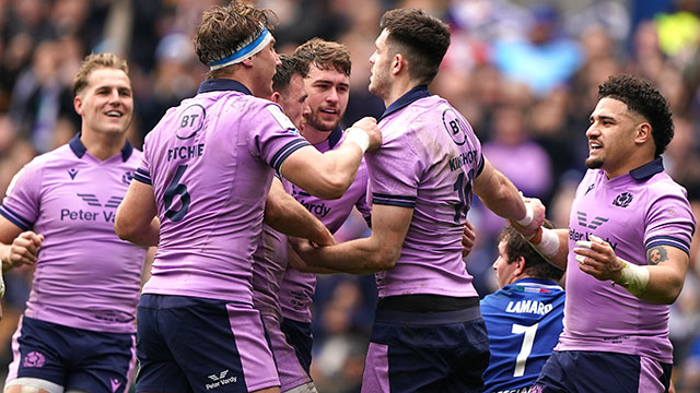 Scotland players celebrate a try against Italy in 2023 Six Nations