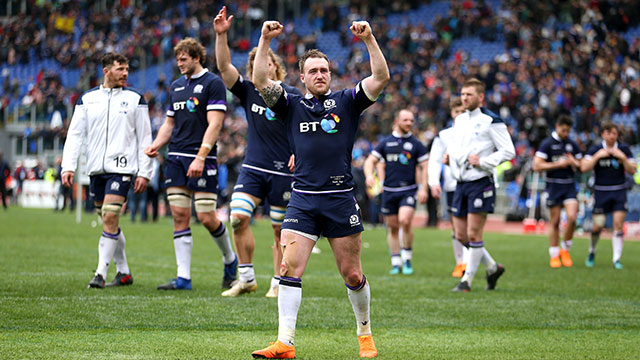 Scotland players celebrate victory over Italy in Six Nations