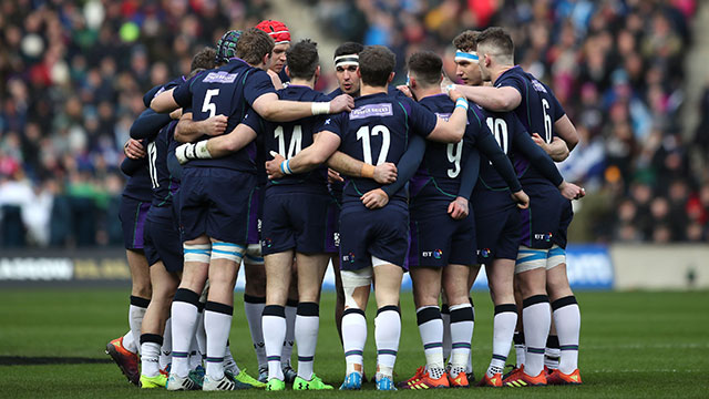 Scotland players in a huddle before match against Wales in 2019 Six Nations