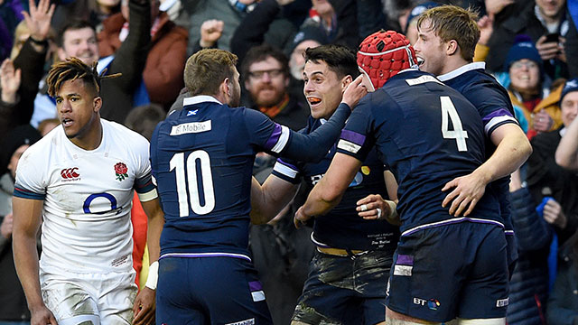 Sean Maitland celebrates scoring Scotland's second try against England