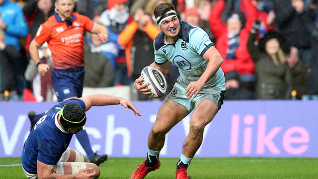 Stuart McInally celebrates scoring Scotland's third try against France in 2020 Six Nations