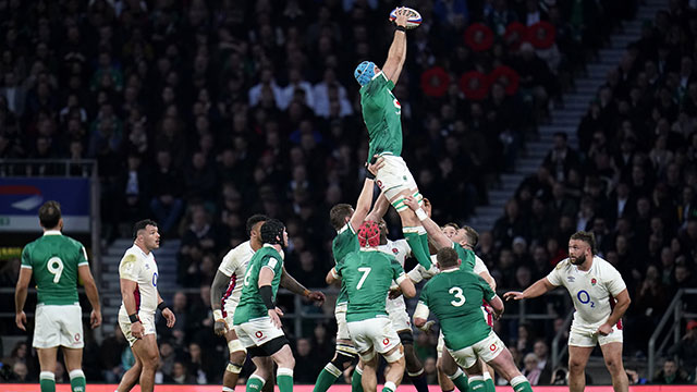 Tadhg Beirne wins a lineout for Ireland against England in 2022 Six Nations