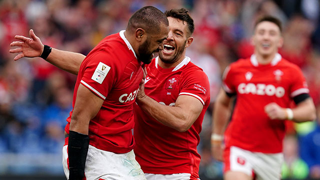 Taulupe Faletau celebrates with Rhys Webb after scoring a try for Wales against Italy in 2023 Six Nations