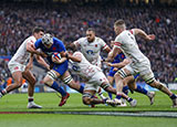 Thibaud Flament scores a try for France against England in 2023 Six Nations