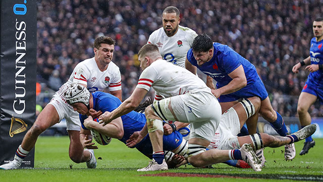 Thibaud Flament scores a try for France against England in 2023 Six Nations