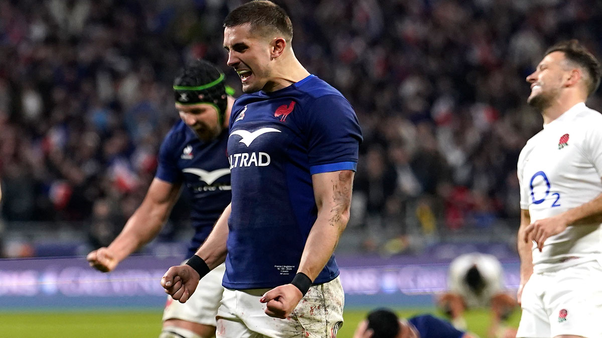 Thomas Ramos celebrates France victory over England in 2024 Six Nations