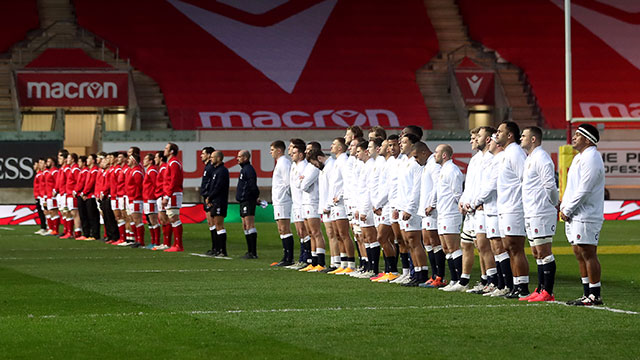 Wales and England players line up before match in 2020 Autumn Nations Cup