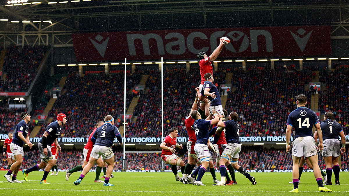 Wales and Scotland compete at a lineout during the 2022 Six Nations
