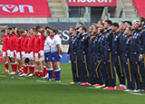 Wales and Scotland players line up for the anthems during 2020 Six Nations