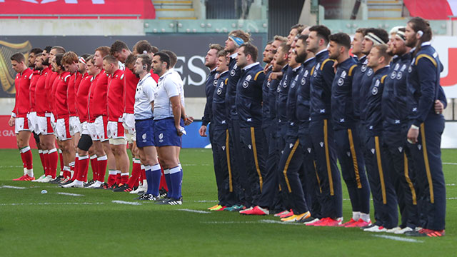 Wales and Scotland players line up for the anthems during 2020 Six Nations