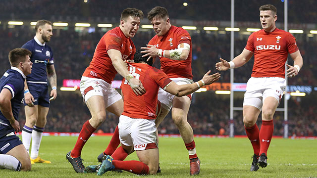 Wales celebrate Leigh Halfpenny try against Scotland
